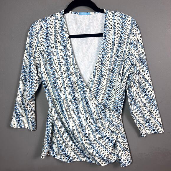 J. McLaughlin top Large faux wrap long sleeve v-neck cream blue stretch slimming - Picture 2 of 8